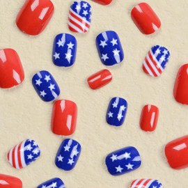 4th of July Press on Nails Square Short Fake Nails Star False Nails Glossy Full Cover Acrylic Nails Summer Glue on Nails Red Blue Artificial Stick on Nails for Women Manicure 24Pcs