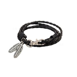 Vintage Feather Charms Leather Braided Bracelet Multi-Layer Punk Style Wrap Bracelet for Men Women-Black