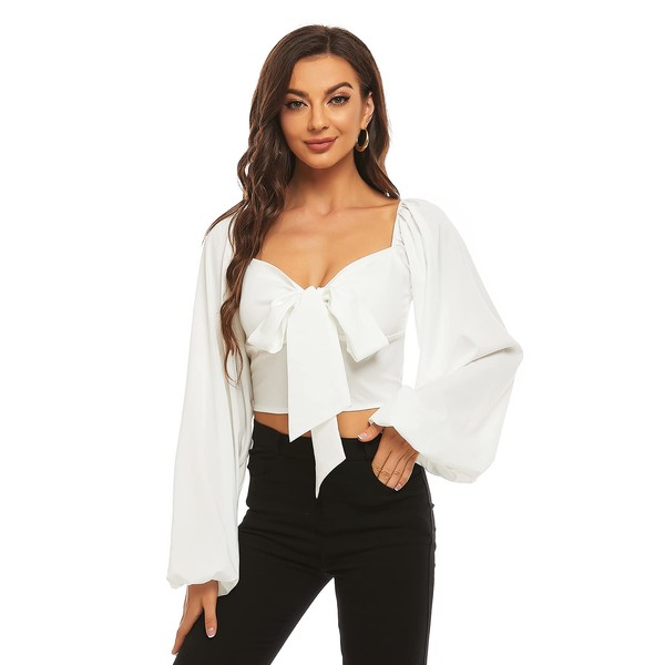 LYANER Women's Tie Knot Front Shirred Back Lantern Long Sleeve