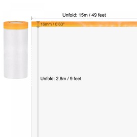 uxcell Pre-Taped Masking Film, 9 ft x 49ft, Plastic Drop Cloth with High-Tack Painters Tape for Painting Protection Orange 3Pcs