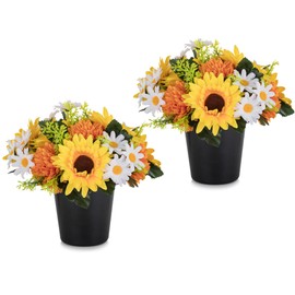 Memobloom Artificial Grave Flower Pots: 2 Pcs Graves Autumn Flowers Artificial Cemetery Sunflower for Outdoor Decoration - Yellow Orange Fake Funeral Memorial Bouquet in Pot for Fall Graveside