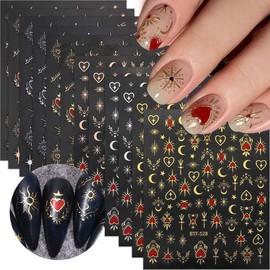 12 Sheets Gold Nail Stickers Sun Moon Stars Heart Nail Art Stickers Hexagram Nail Decals Gold Silver Nail Stickers 3D Self-Adhesive Stickers for Nails Designs Manicure Decorations for Women Girls