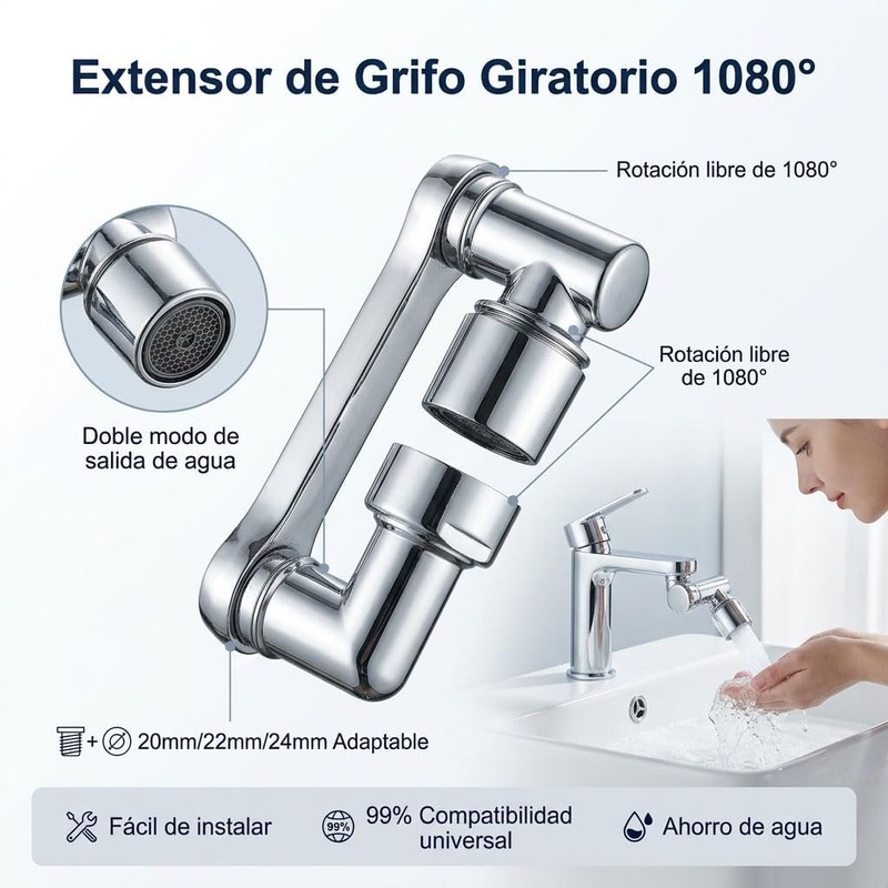 Aireador Extensor de Grifo Giratorio de 1080, Universal Extension de