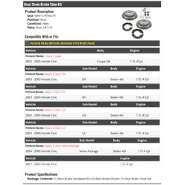 Rear Brake Drum Shoe Kit - 4 Piece - Compatible with 2001-2005 Honda Civic 1.7L 4-Cylinder