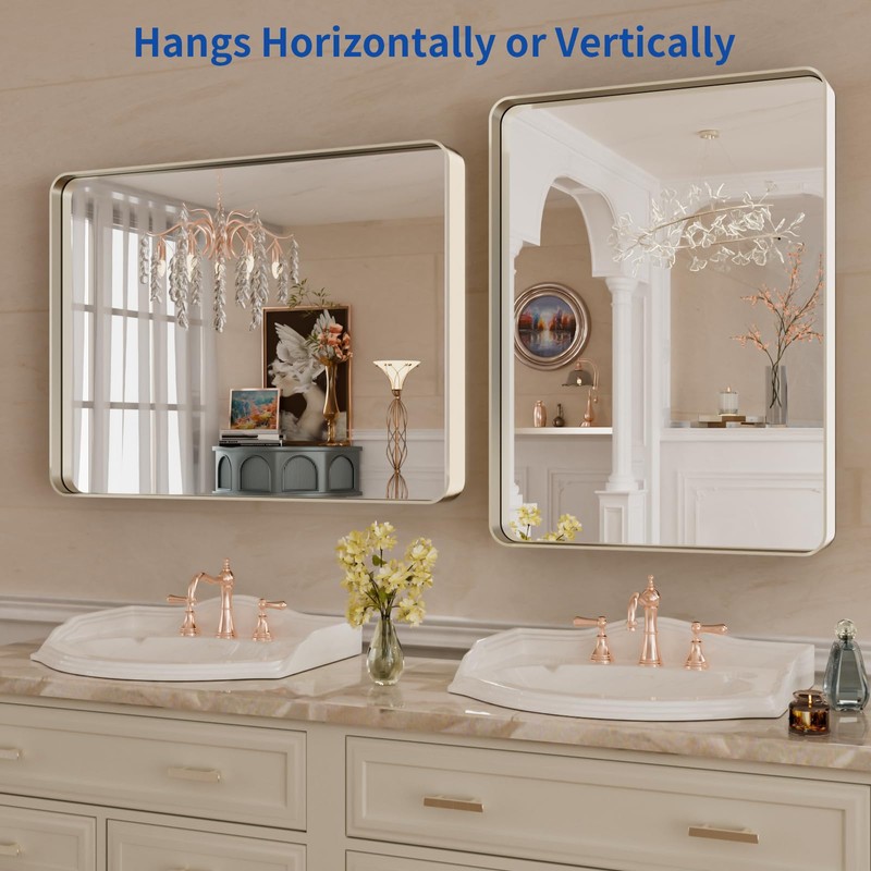 WEER 22X30 Inch Brushed Nickel Bathroom Mirror, Brushed Silver Metal