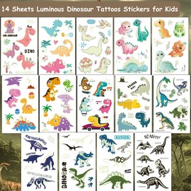 CHARLENT Luminous Dinosaur Tattoos for Kids - 14 Sheets Glow in The Dark Dinosaur Temporary Tattoos for Boys Girls Birthday Party Favors Goodie Bag Fillers