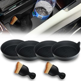 EKUWU Car Cup Coasters, Silicone Cup Holder Insert (4 Pack) with Auto Detail Brush (2 Pack), Non-Slip Raised Edge Spill Guard Car Interior Accessories, Universal for SUV, Sedan, Truck (Black)