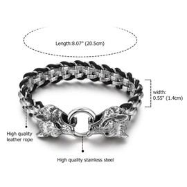Men's Black Silver Leather Stainless Steel Bracelet, Twin Wolf Heads, Braided Leather Bracelet