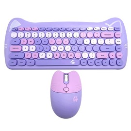 Wireless Mouse and Keyboard, Cute Cat Keyboard Mouse Combo for Present,2.4G Cordless Computer Mice with USB Receiver for Laptop PC MAC (Taro Purple)