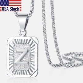 A-Z Letters Silver Color Charm Pendant Necklaces Square Rugged Hiphop Capital Stainless Steel Letter Necklace for Men JewelyColor: Q-with Chain 18inch
