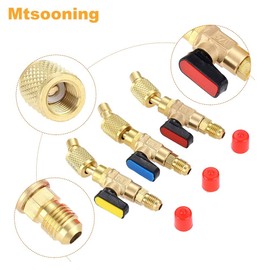 Mtsooning AC Refrigerant Angled Compact Ball Valve 1/4 Inch SAE Kit, R12 R22 Shut Valve Core Remover with R410A 45° Straight Adapter R134A Hose Gaskets Thimbles for Mini Split System
