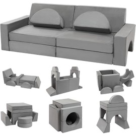 10pcs Modular Kids Play Couch,Kids Couch Building Fort, Kids Couch for Playroom and Bedroom,Toddler Sofa,Toddler Couches That Fold Out,Kids Sofa Couch,Kids Fold Out Couch,Couch for Kids (Grey)
