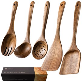 Hefild Wooden Spoons for Cooking, Nonstick Cooking Utensil Set with 5 Piece Acacia Wooden Spatulas and Spoons for Cooking, Terrific for Everyday Kitchen Tasks