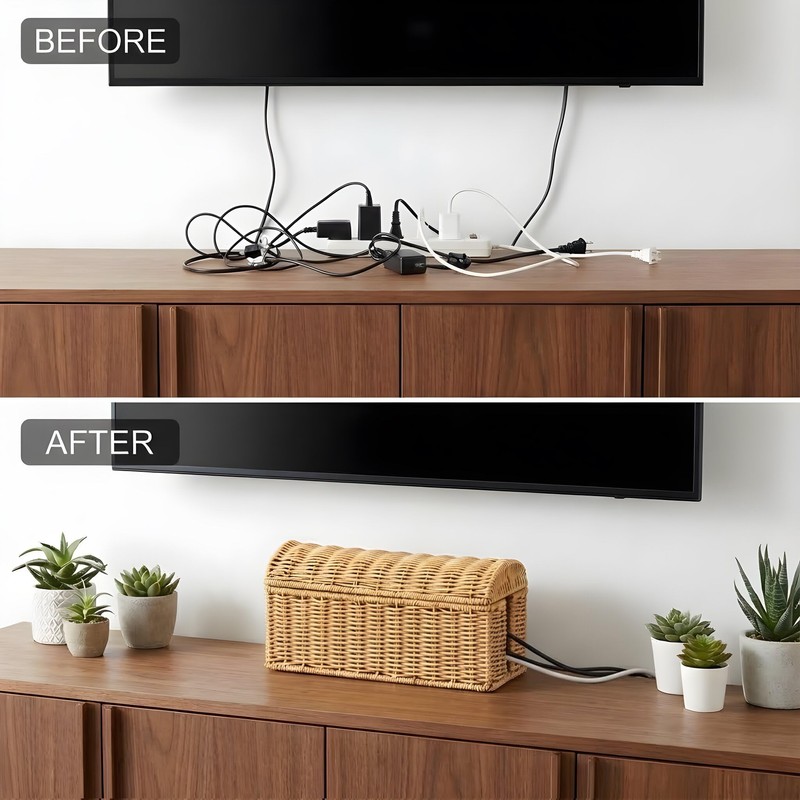 Large Rattan Cable Management Box, Decorative Large Power Strip and