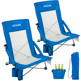 XGEAR Beach Chair Sturdy Beach Chairs for Adults 2-Pack with Cooler Bag, High Back Camping Chair with Side Pocket, Cup Holder & Carry Bag, for Outdoor Sand-Blue