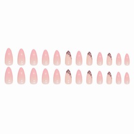 MERVF Medium Press on Nails Almond Fake Nails Pink French Tip Stiletto Glue on Nails Press ons with Leopard Design Glossy 24pcs Ombre Artificial Acrylic Nails for Women