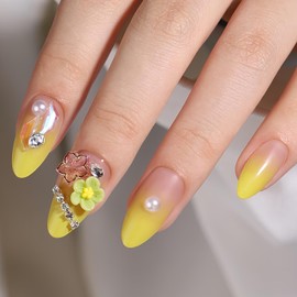 Flower Press on Nails Medium Almond Shaped Yellow Gradient Fake Nails with 3D Flower Designs False Nails Pearl Charms Line Acrylic Nails Full Cover Sparkly Stick on Nails for Women DIY Manicure 24Pcs