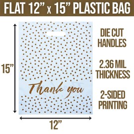 Premium White Retail Bags with Gold Polka Dots 12" x 15" - Plastic Thank You Merchandise Bags with Handles for Shopping, Retail, Boutique, Gift Bags and Small Business Supplies (25 Pack)