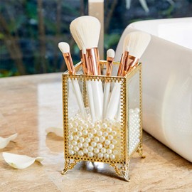 PuTwo Makeup Brush Holder Glass and Brass Vintage Makeup Brush Organizer, Gold