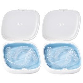 Estuche de retención delgado para alineadores con orificios de ventilación, bandeja interior extraíble de silicona para una fácil limpieza (paquete de 2, blanco y azul)