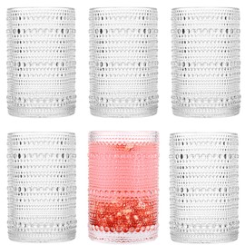 Dingerjar Hobnail Drinking Glasses set of 6（13 oz） Hobnail Water KItchen Glassware, Embossed Vintage Juice Glasses Tall Bar Drinkware