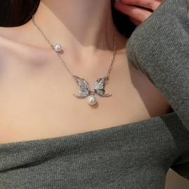 Stocking Stuffers Gifts for Women Butterfly Necklaces for Women Rhinestone Butterfly Tassel Necklace Pearl Beaded Butterfly Pendant Necklace Silver Crystal Butterfly Choker Trendy Butterfly Gifts for Women