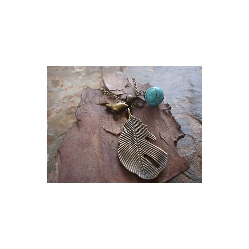 ✿ Blatt, Vogel & Howlite - lange Kette ✿ bronze