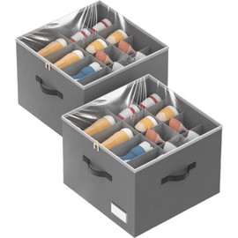 LIKMYPICK Shoe Organizer for Closet, 2 Pack Foldable Shoe Storage Containers, Fits up to 16-32 Pairs, Shoe Storage Organizer Box Cubby Baskets Bins with Clear Cover and Reinforced Handles, Gray
