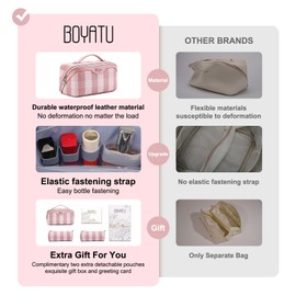 BOYATU Travel Makeup Bag Organizer Cosmetic Bag: 3 Pcs Set Make up Bags for Women with Handle - Waterproof Vegan Leather Toiletry Bags Travel Essentials Pouch with Compartments (F-03-Pink)