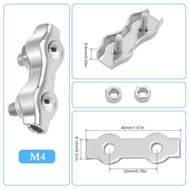 LYCXAMES M4 Duplex Clamp, Pack of 10 Wire Rope Clamps, Stainless Steel 304 Cable Clamp, 4 mm Wire Rope, Steel Rope, Washing Line Awning, Fixed (M4)