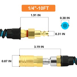 GASHER 1/4" x 10FT Reinforced Polyurethane Recoil Air Hose with Bend Restrictor, Air Hose kit With 360°Swivel Coupler, 1/4" Industrial Quick Coupler and Plug