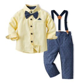 FAXSON Little Boys Gentleman Outfit Baby Boys Long Sleeve Bow Tie Shirts+Suspenders Pants Suits, Yellow, 6 Years