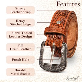 RAW HYD Full-Grain Men's Western Belts w/Buckle/Buckle Free - Robust Tooled Leather Belt - Versatile Western Belts for Men, Brown, 34