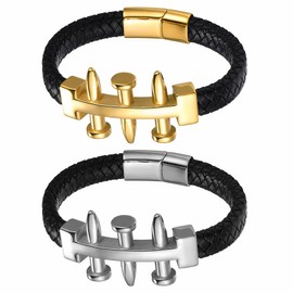 JewelryWe Men's Novelty Punk Rock Nail Bracelet Stitching Braided Leather Cuff Wristband with Magnetic Clasp