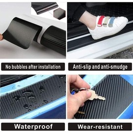 4Pcs for GMC AT4 Door Sill Protector Reflective 4D Carbon Fiber Leather Sticker Decoration Door Entry Guard Door Sill Scuff Plate Stickers Auto Accessories, Black