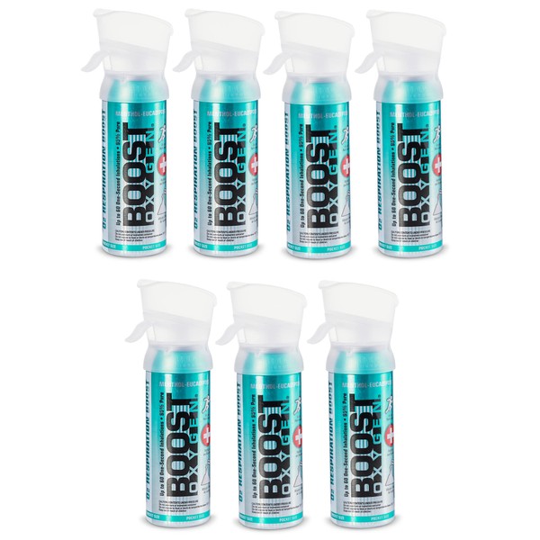 Boost Oxygen Pocket Sized 3 Liter Natural Canned Oxygen Bottle Canister w/ Built In Mouthpiece for High Altitudes, Menthol Eucalyptus Flavor (7 Pack)