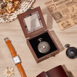 UNICRAFTALE Wooden Pocket Watch Display Case Single Watch Gift Box with Clear Acrylic Coconut Brown Square Watches Cases Travel Case Organizer for Man Wowen 3.5"x3.5"x1.7"