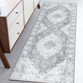 MUJOO Grey Runner Rug 2'x6', Long Washable Rug Runners for Hallways Entryway Kitchen Bathroom Bedside,Boho Vintage Bohemian Distressed Farmhouse Non Slip Carpet,Floral