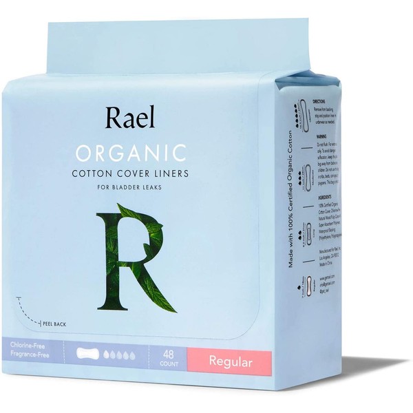 Rael Organic Incontinence Liners Regular - Organic Bladder Control Liners, 4-Layer Core Protection with Leak Guard Technology (48 Count)