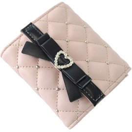 SecretDoor Women's Tri-Fold Wallet Mini Wallet Small Card Box Coin Bill Insert Pearl Quilted Bijoux Ribbon Heart, pink black