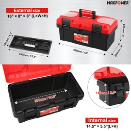 MAXPOWER Tool Box 16 inch, Plastic Small Tool Box with Latch and Removable Tray, Lockable Toolbox for Home