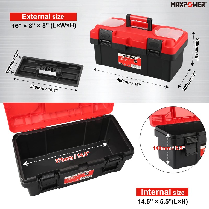 MAXPOWER Tool Box 16 inch, Plastic Small Tool Box with