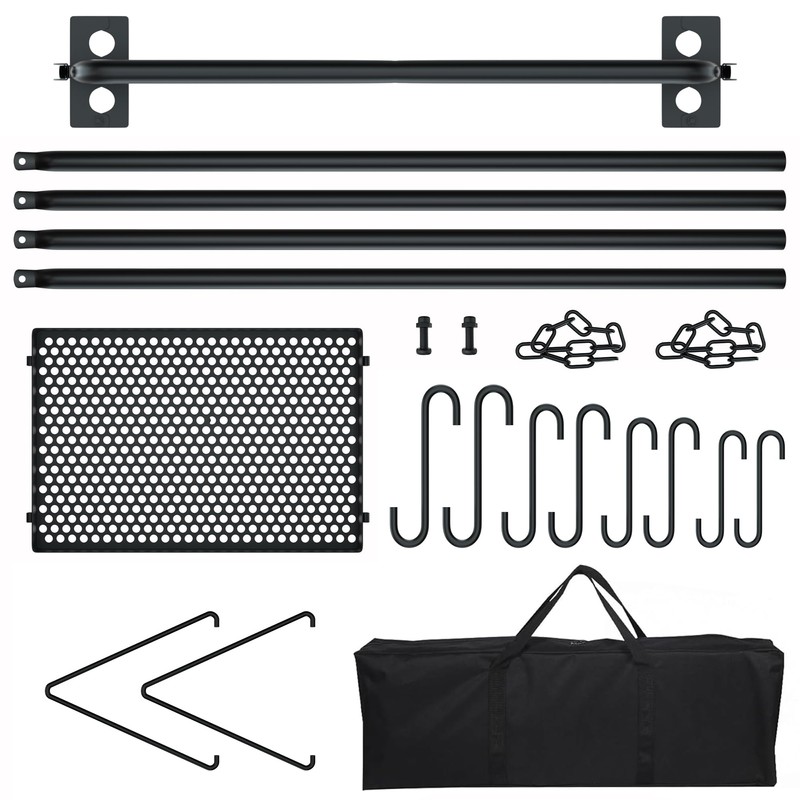 RELIANCER Grill Swing,Campfire Grill Cooking Stand w/8 Hooks & Storage