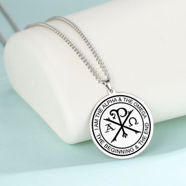 Amaxer Chi Rho Necklace for Men Greek Orthodox Alpha Omega Symbol Locket Round Stainless Steel Jewellery Chain Necklace, 50 cm, Stainless Steel, No Gemstone