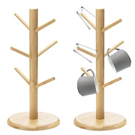 HOMURY Pack of 2 Cup Holder Cup Stand Wood Bamboo Wooden Cup Holder with 6 Hooks Tree Cup Holder Pretzel Holder Cup Tree Organiser Accessories Cup Rack Shelf for Kitchen Counter Tabletop