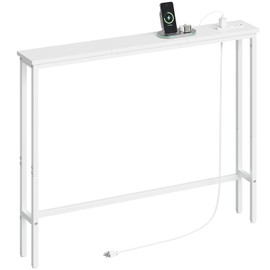 ELYKEN 5.9" Narrow Console Sofa Table with Power Outlets, Total 39.4” Long Behind Couch Table with Charge Station and 5.9’ Extension Cord for Living Room, 5.9" D x 39.4”W x 29.5”H, White