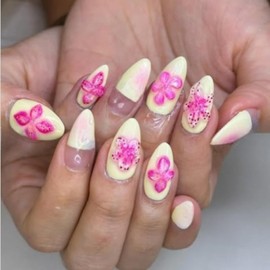 Almond Shaped Press on Nails Summer Medium False Nails with 3D Red Flower Design Yellow Fake Nails Glossy Full Cover Glue on Nails Acrylic Nails Stick on Nails for Women Nail Decorations 24 Pcs
