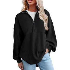 SHEWIN Womens Sweatshirts Casual Waffle Knit Half Zip Pullover Long Sleeve Tops Quarter Zip Fall Outfits Oversized Sweatshirt for Women,US 20-22(2XL),Black