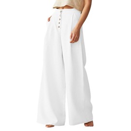 chouyatou Women's Summer High Waisted Cotton Linen Palazzo Wide Leg Casual Pants with Pockets (Small, White)