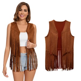 Women's Fringe Vest 60s 70s Hippie Vest Sleeveless Cowgirl Western Faux Suede Tassel Leather Jacket Hippie Party, Brown, 3X-Large